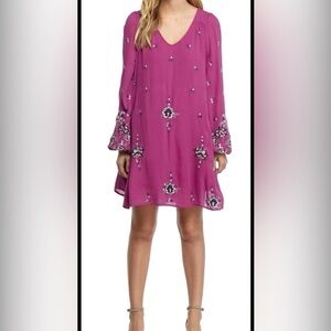 Free People Oxford Embroidered V Neck Purple Lilac  Mini Dress Women Size M